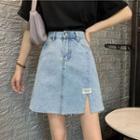 Side-slit Denim Mini A-line Skirt