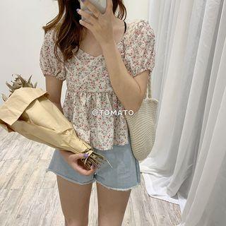 Square-neck Floral Top Off-white - One Size