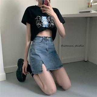 Short-sleeve Bear Print T-shirt / Fitted Mini Skirt