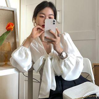 Puff-sleeve Ribbon Blouse White - One Size