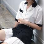 Short Sleeve Color-block Blouse Black & White - One Size