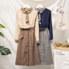 Set: Long-sleeve Collared Top + Plaid A-line Midi Skirt