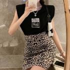 Print Sleeveless T-shirt / Leopard Skirt