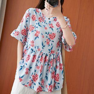 Elbow-sleeve Ruffle Trim Floral Blouse