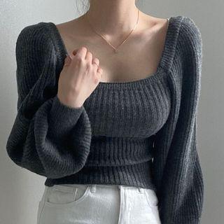 Plain Square-neck Puff-sleeve Sweater