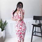 Rose Painting Wrapped Pencil Dress
