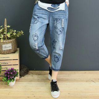 Cat Embroidered Distressed Harem Jeans