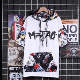 Cat Print Panel Hooded Short-sleeve T-shirt