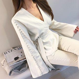 Button-trim Bell-sleeve Wrap Blouse