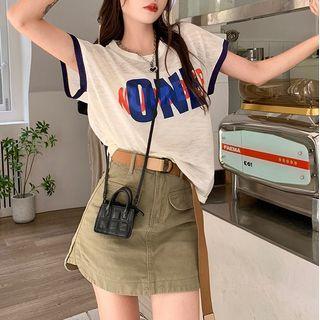 Short-sleeve Lettering T-shirt / Belt / Mini Skirt / Set