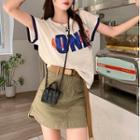 Short-sleeve Lettering T-shirt / Belt / Mini Skirt / Set
