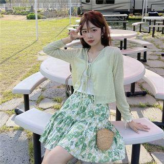 Lace-up Cropped Cardigan / Floral Mini A-line Skirt