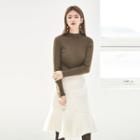 Mock-neck Button-sleeve Knit Top