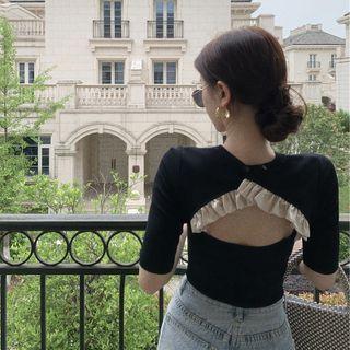 Short Sleeve Cutout-back Ruffled Trim T-shirt