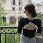 Short Sleeve Cutout-back Ruffled Trim T-shirt