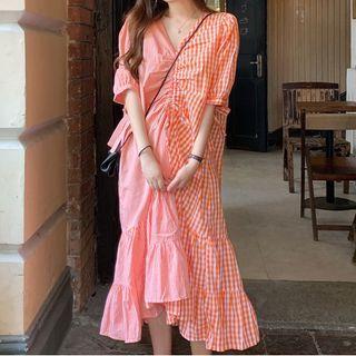 Puff-sleeve Gingham Paneled Midi A-line Dress Pink - One Size