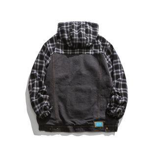 Plaid Panel Hooded Denim Jacket