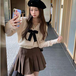 Ribbon Cardigan / Pleated Skirt