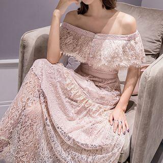 Short-sleeve Off-shoulder Lace A-line Maxi Dress