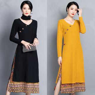 Long-sleeve Pattern Panel Midi Knit Dress With Neck Warmer