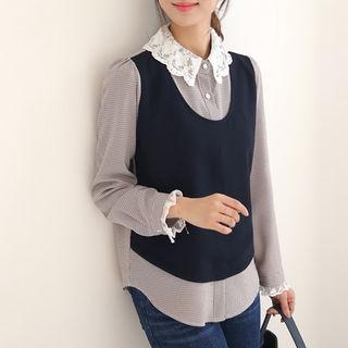 Mock Two-piece Lace-detail Houndstooth Blouse