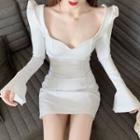 Flared-sleeve Square-neck Mini Sheath Dress White - One Size