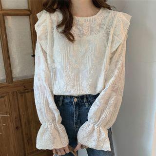 Ruffle Trim Embroidered Lace Top Off-white - One Size