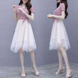 Short-sleeve Striped Tie-waist Mesh Midi A-line Dress