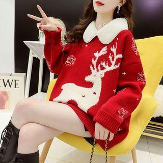 Fluffy Collar Christmas Deer Print Sweater