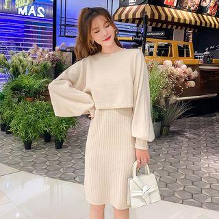 Set: Sleeveless Knit Sheath Dress + Plain Lantern-sleeve Sweater