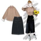 Plaid Shirt / A-line Midi Denim Skirt