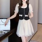 Set: Puff-sleeve Bow Blouse + Pleated A-line Skirt