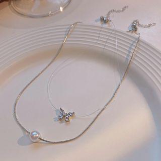 Butterfly Rhinestone Faux Pearl Pendant Layered Necklace X866 - Silver - One Size