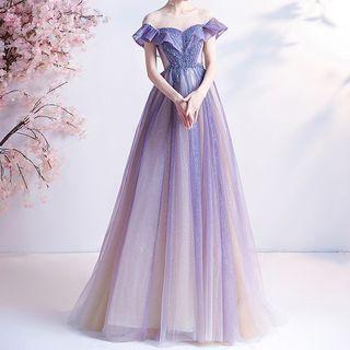 Short-sleeve Ruffled Glitter A-line Evening Gown