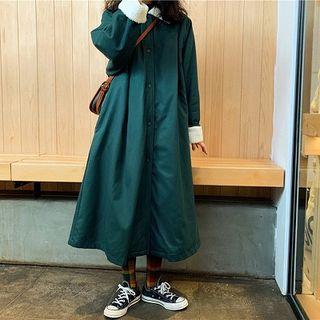 Plain Loose-fit Single-breasted Long-sleeve Coat Green - One Size