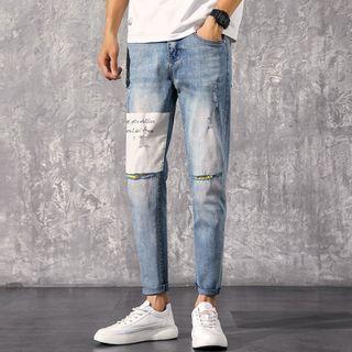 High-waist Letter Printed Ripped Slim Fit Jeans