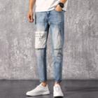 High-waist Letter Printed Ripped Slim Fit Jeans