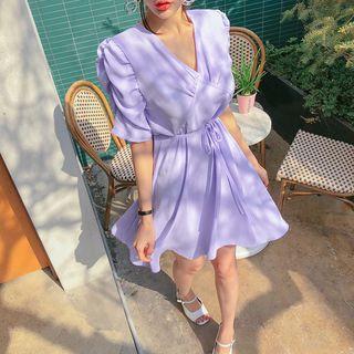 Plunge-neck Puff-sleeve Mini Flare Dress