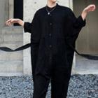 Pocket Detail Elbow-sleeve Jumpsuit Black - One Size