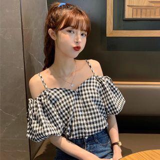 Puff-sleeve Cold Shoulder Plaid Top As Shown In Figure - One Size