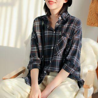 Long-sleeve Plaid Shirt Navy Blue - One Size