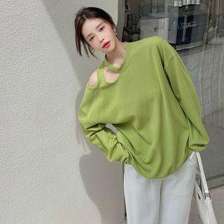 Round-neck Plain Cutout Oversize Pullover / High-waist Plain Straight-cut Pants