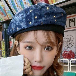 Moon & Star Embroidered Denim Beret Hat