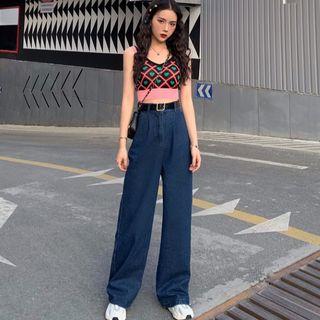 Heart Patterned Knit Top / Wide Leg Jeans