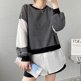 Mock Two-piece Striped Panel Sweatshirt Black & White - One Size