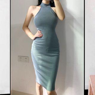 Halter Sleeveless Midi Sheath Knit Dress