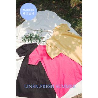Puff-sleeve Linen Shift Dress