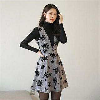 Deep V-neck Floral Patterned Jumper Dress