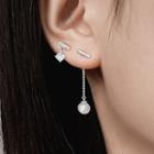 Geometric Faux Pearl Asymmetrical Dangle Earring With Ear Plug - Rhombus Pearl Drop Earring - Silver - One Size