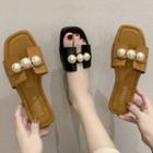 Faux Pearl Square-toe Flat Slide Sandals